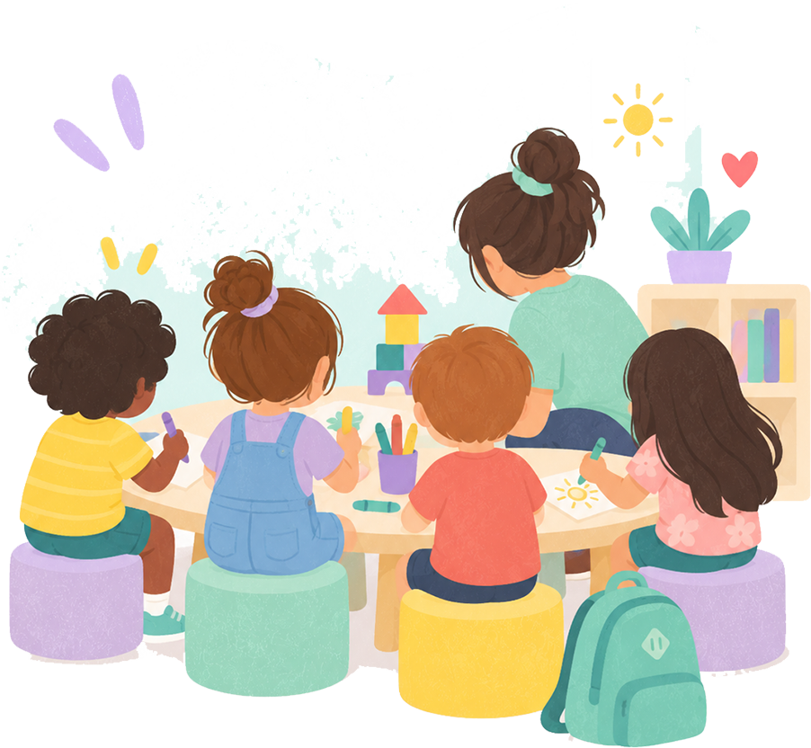 Ilustración de una monitora y cuatro niños y niñas creando juntos alrededor de una mesa.